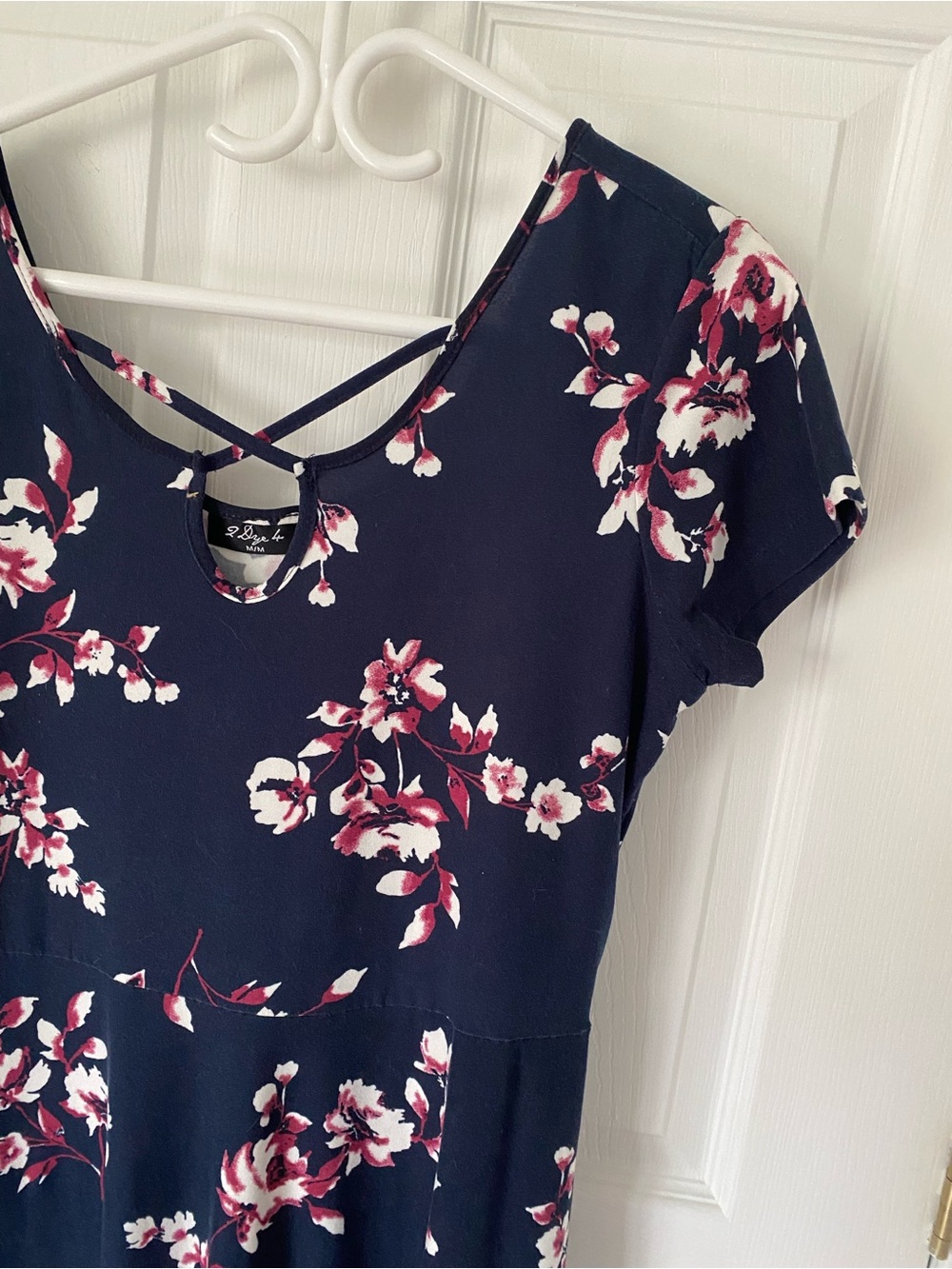 Floral Navy Short Sleeve Dress with Pink Blossoms